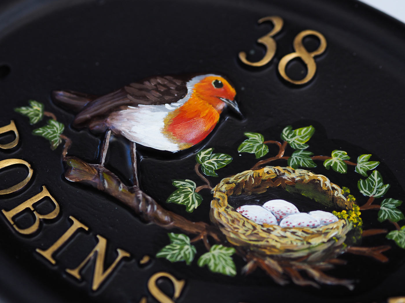 Robin & Flat Painted Nest Close Up house sign