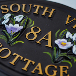 Crocus & Snowdrops close-up. house sign
